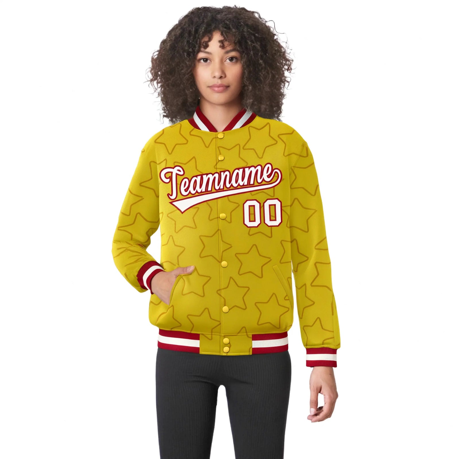 Custom Gold White-Red Varsity Full-Snap Star Pattern Letterman Baseball Jacket