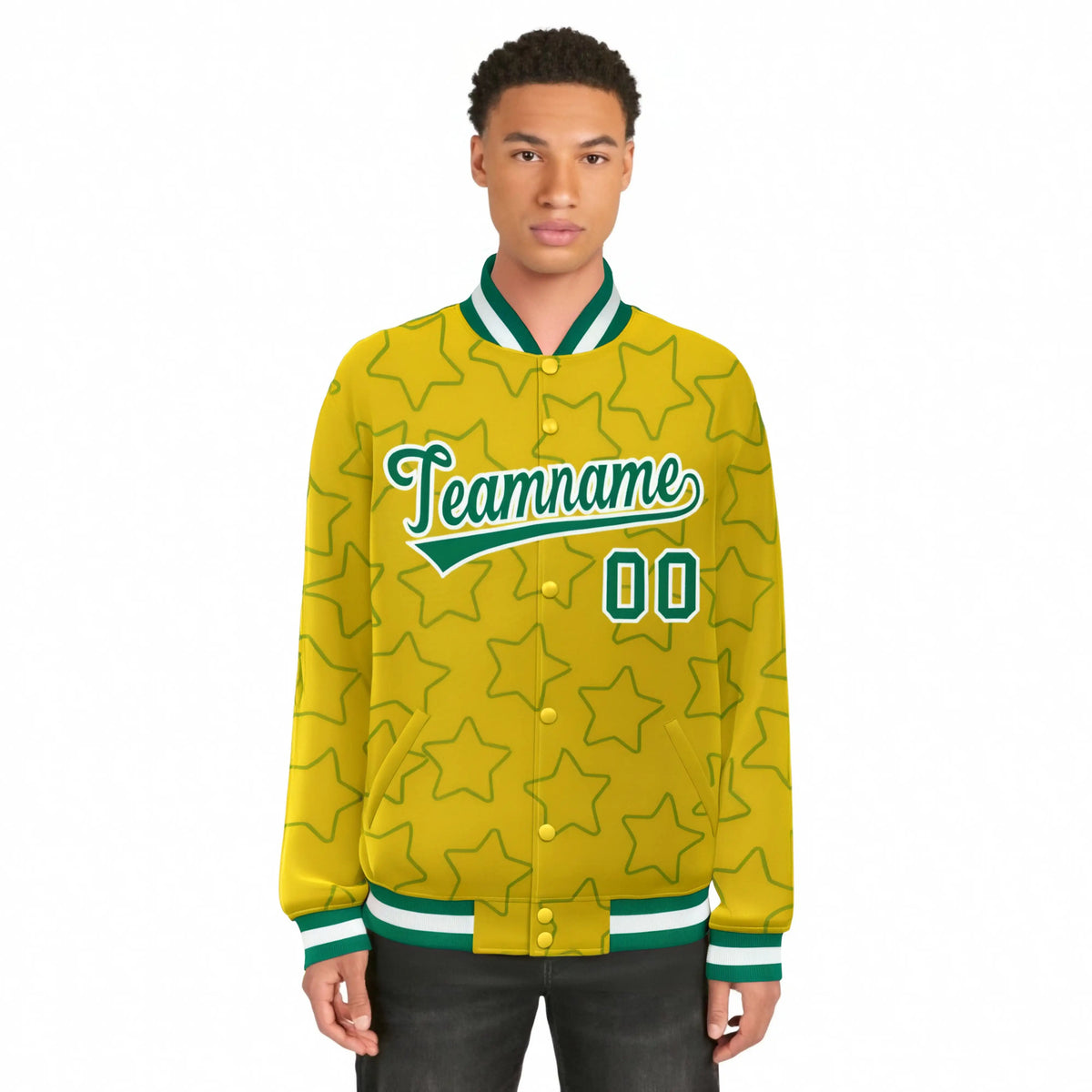 Custom Gold Teal-White Varsity Full-Snap Star Pattern Letterman Baseball Jacket
