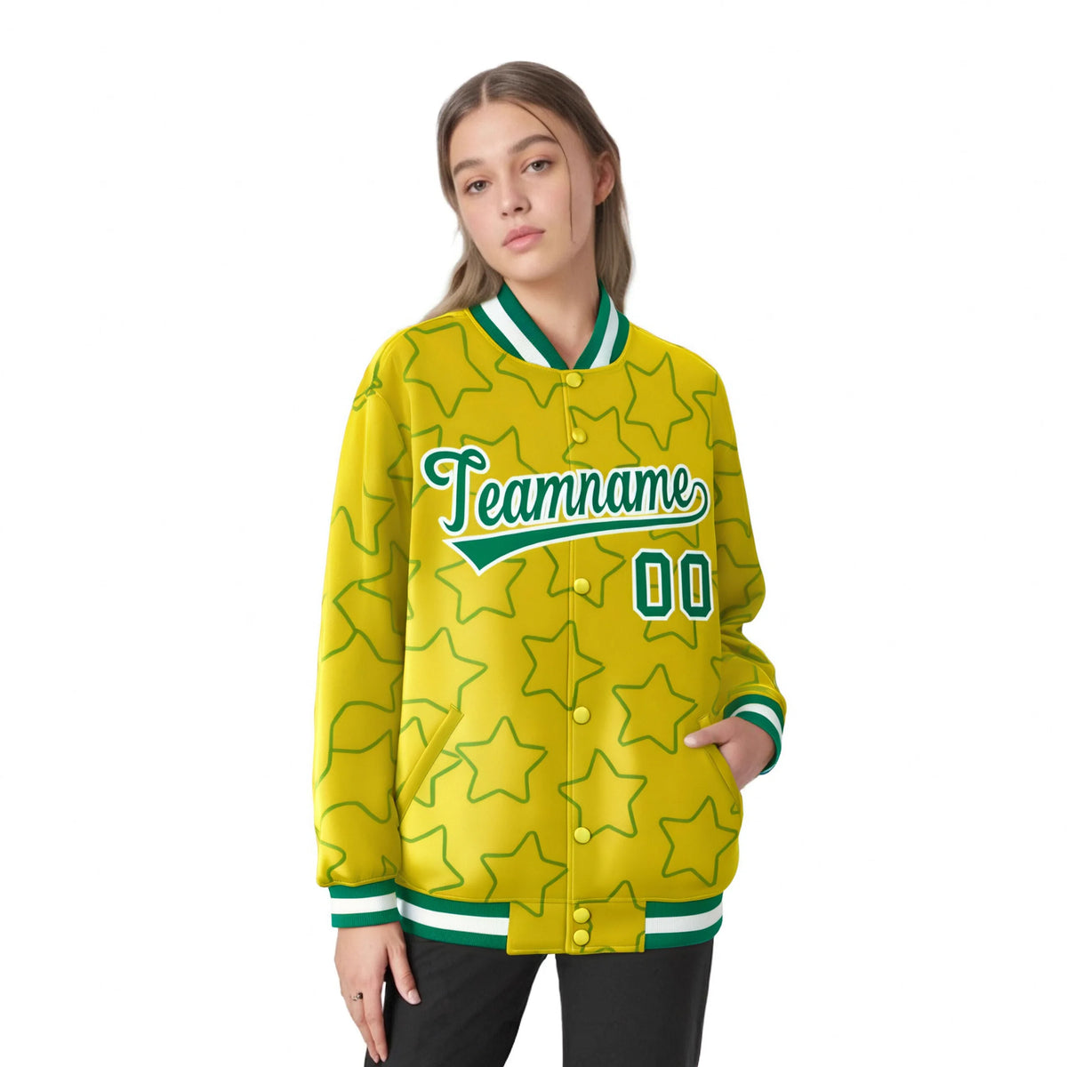 Custom Gold Teal-White Varsity Full-Snap Star Pattern Letterman Baseball Jacket