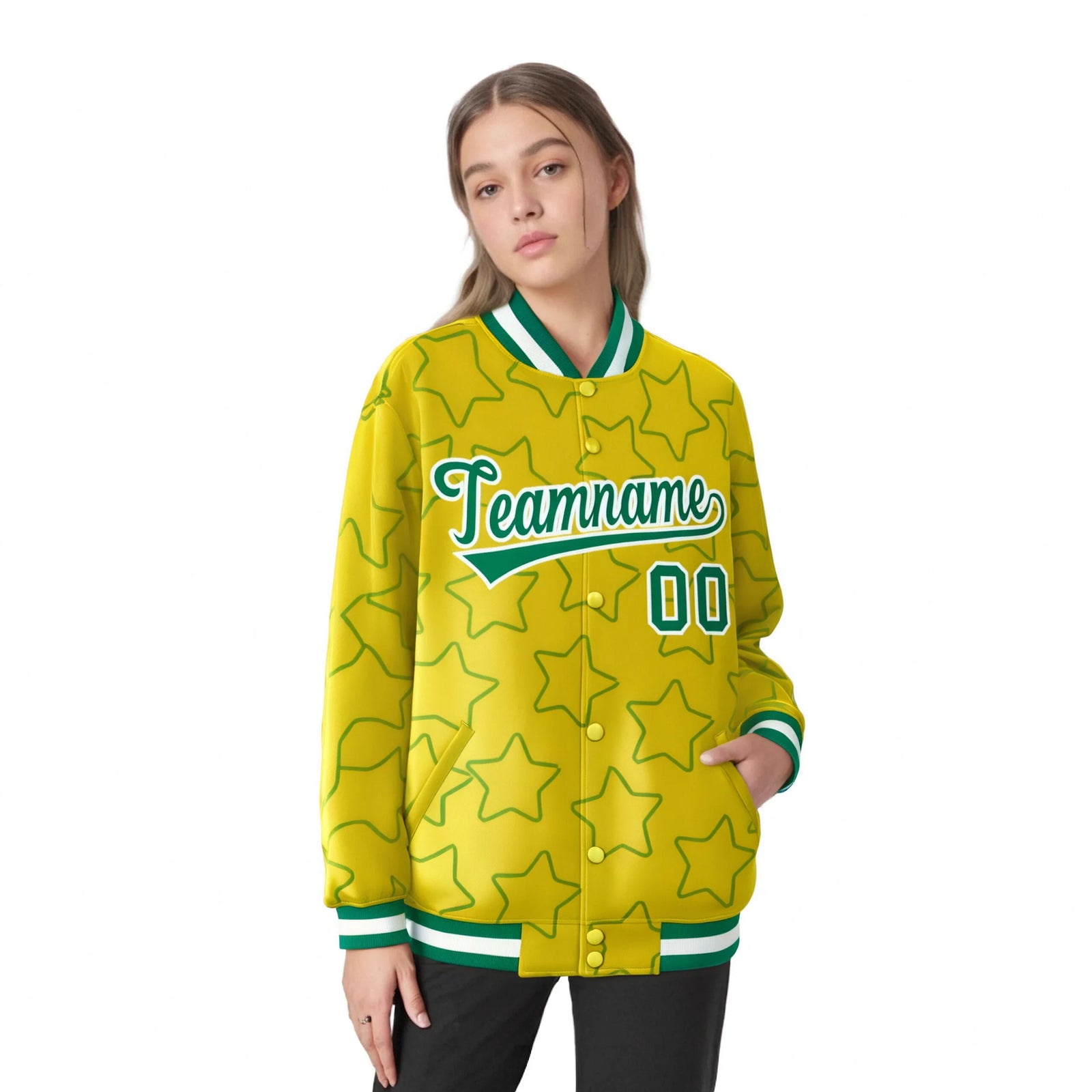 Custom Gold Teal-White Varsity Full-Snap Star Pattern Letterman Baseball Jacket