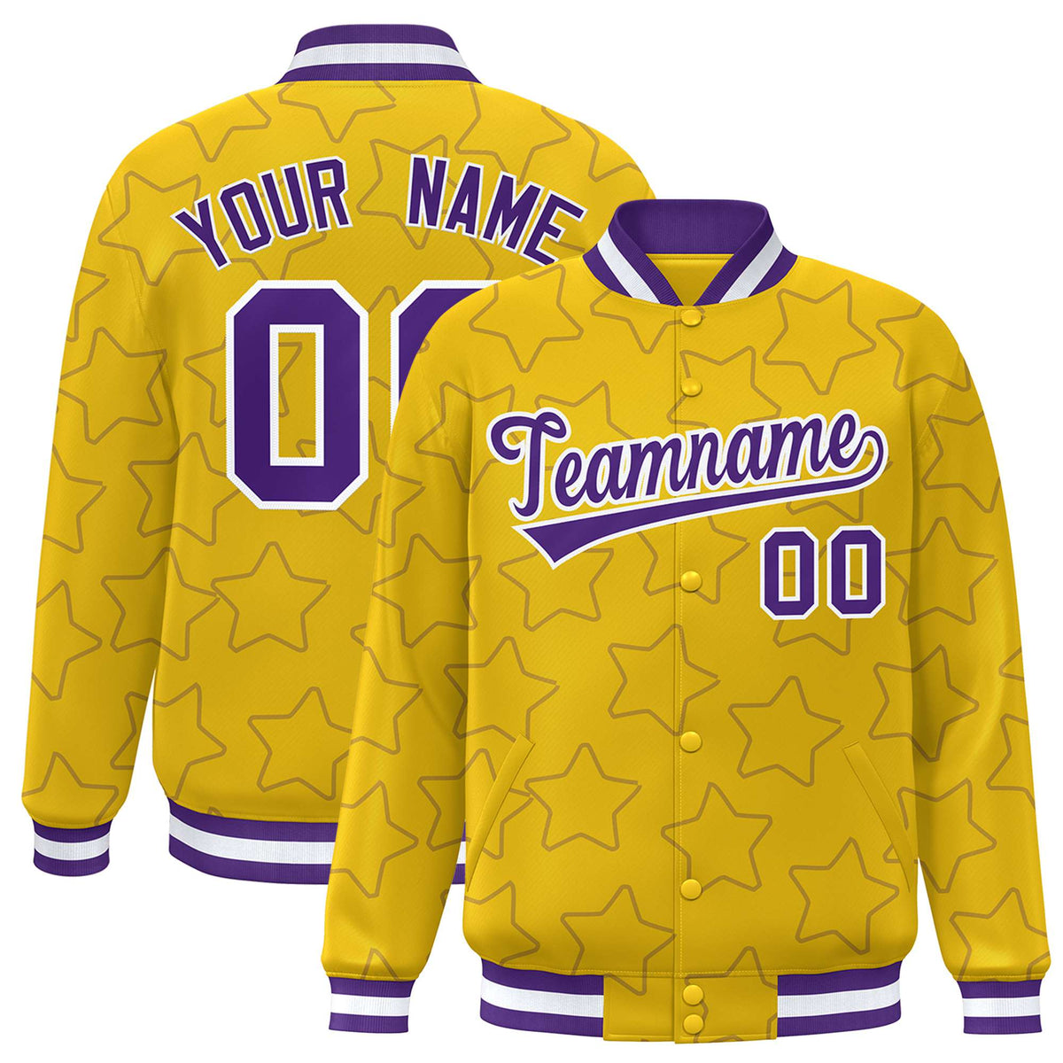 Custom Gold Purple-White Varsity Full-Snap Star Pattern Letterman Baseball Jacket