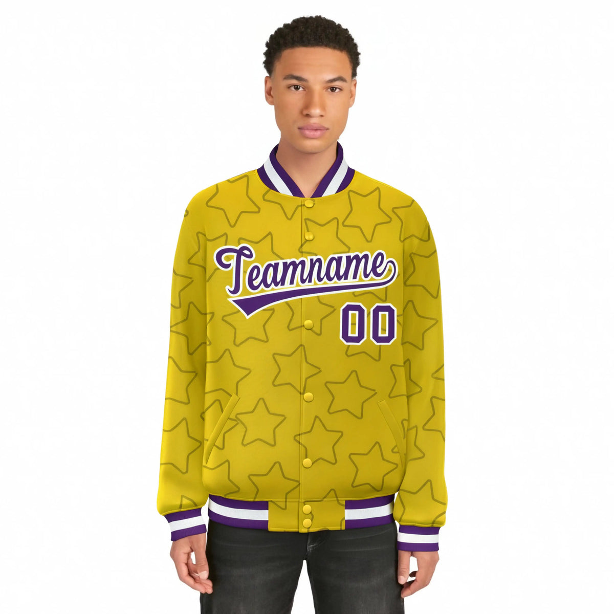 Custom Gold Purple-White Varsity Full-Snap Star Pattern Letterman Baseball Jacket