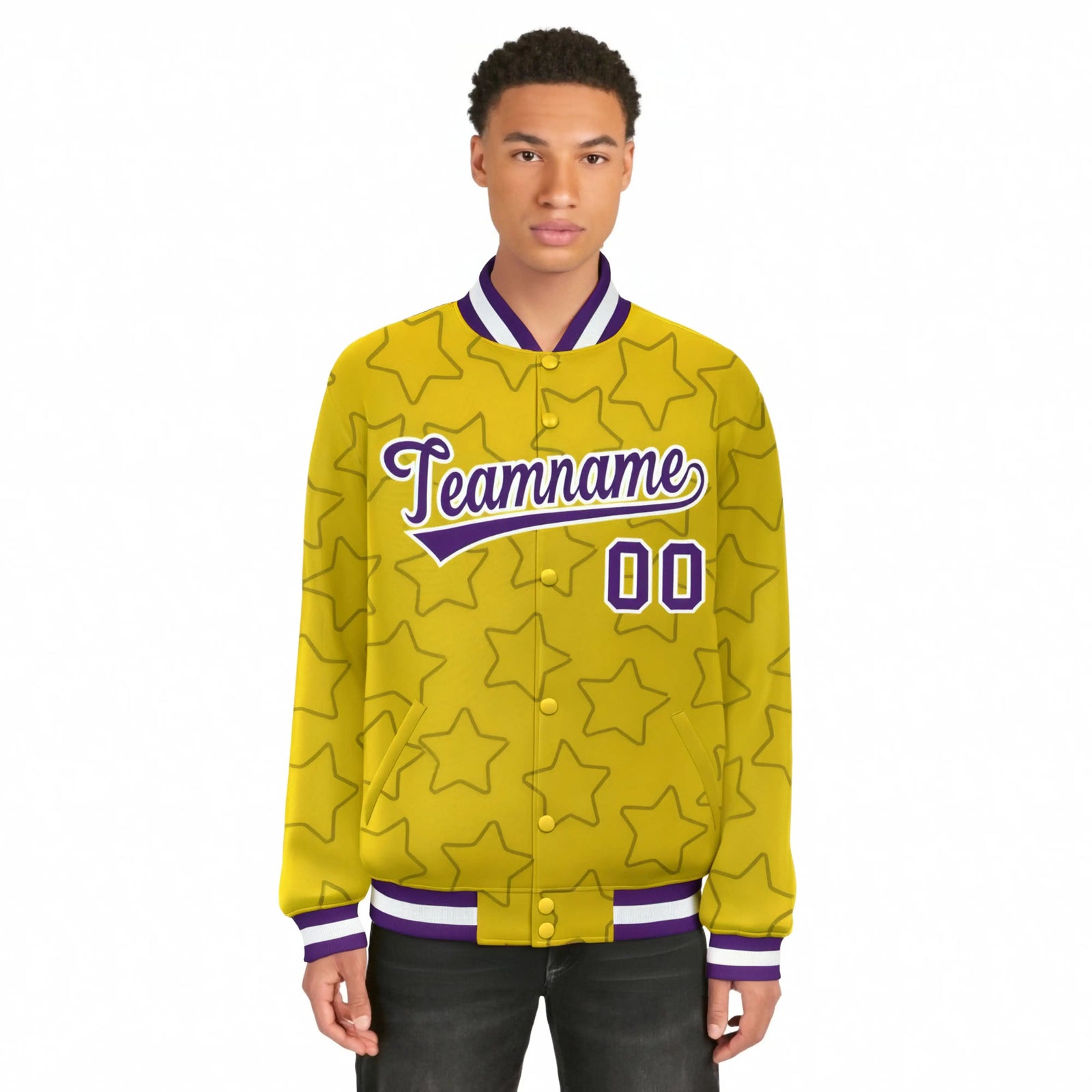 Custom Gold Purple-White Varsity Full-Snap Star Pattern Letterman Baseball Jacket