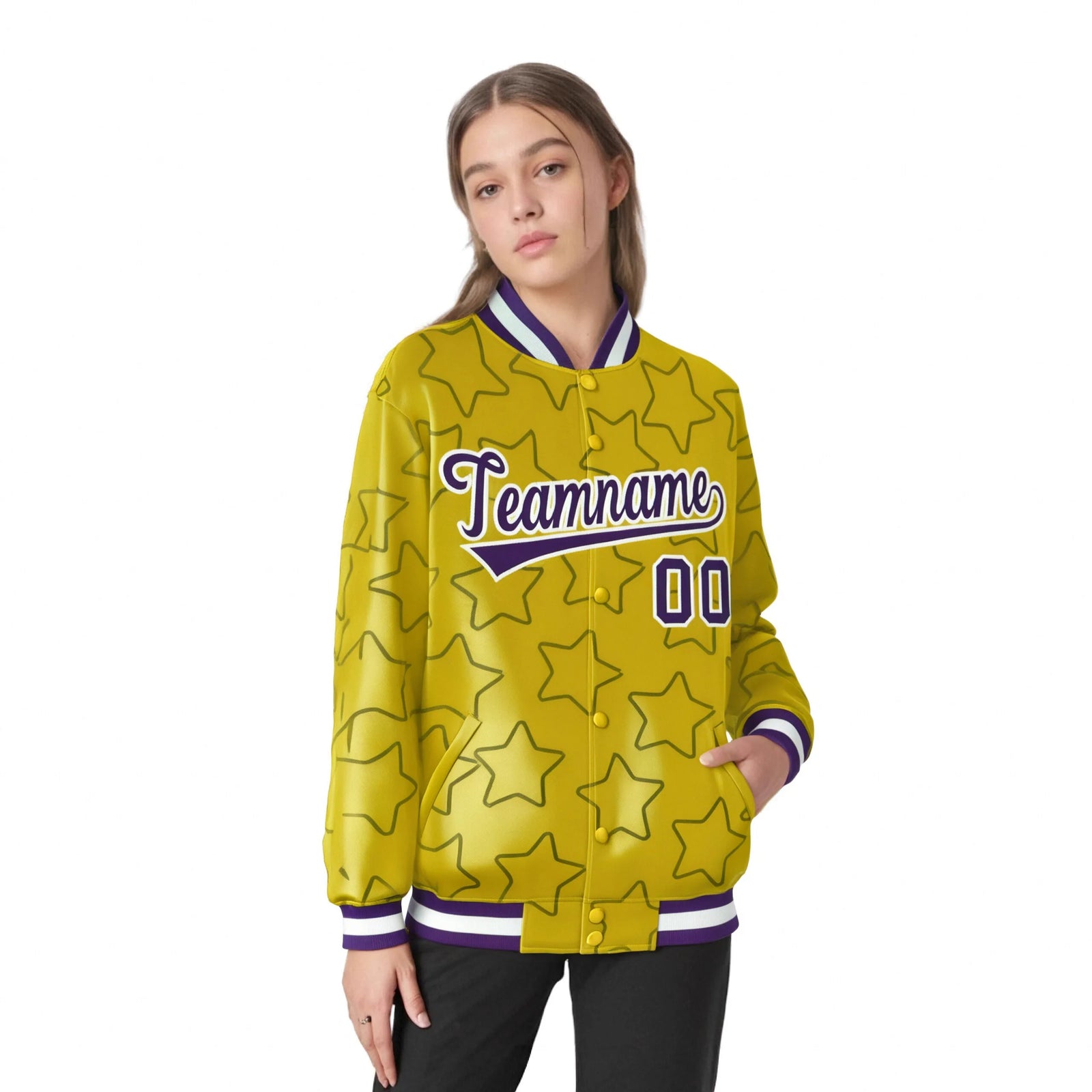 Custom Gold Purple-White Varsity Full-Snap Star Pattern Letterman Baseball Jacket