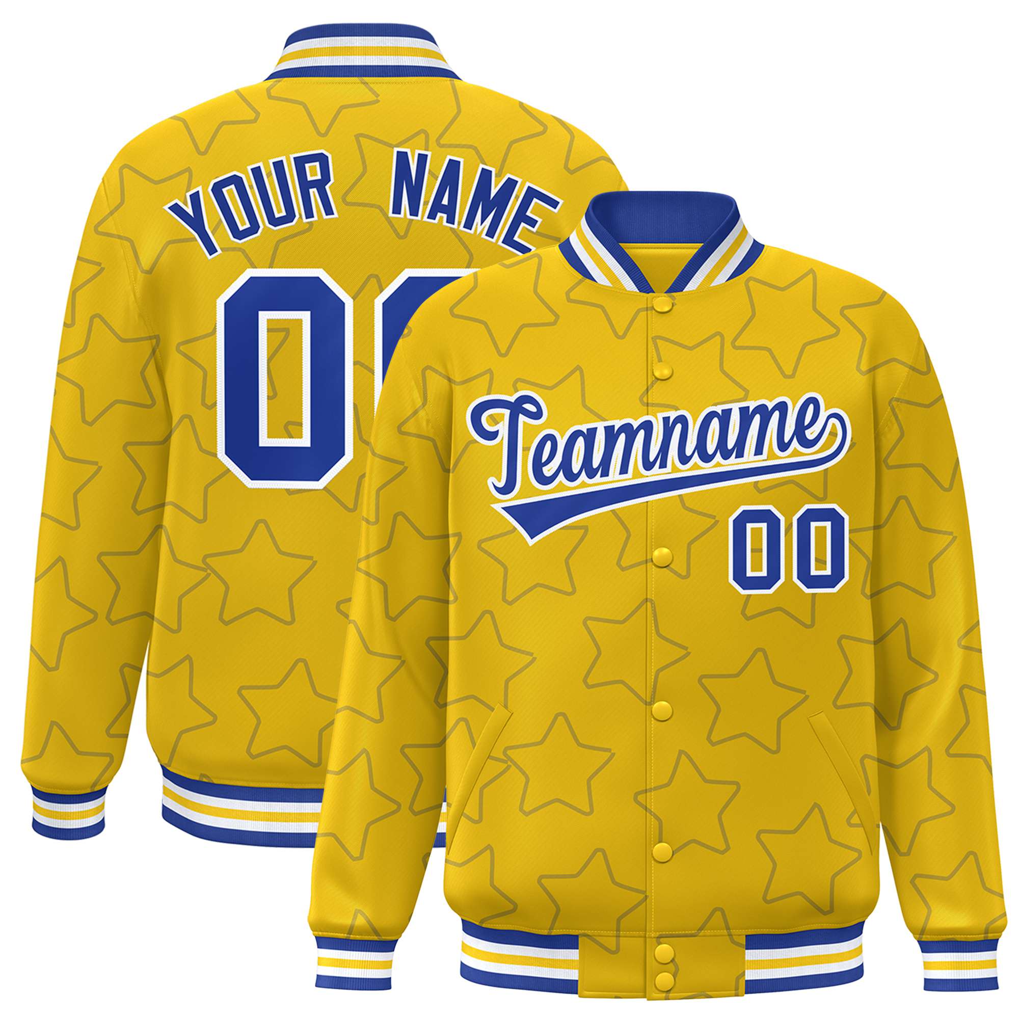 Custom Gold Royal Blue-White Varsity Full-Snap Star Pattern Letterman Baseball Jacket