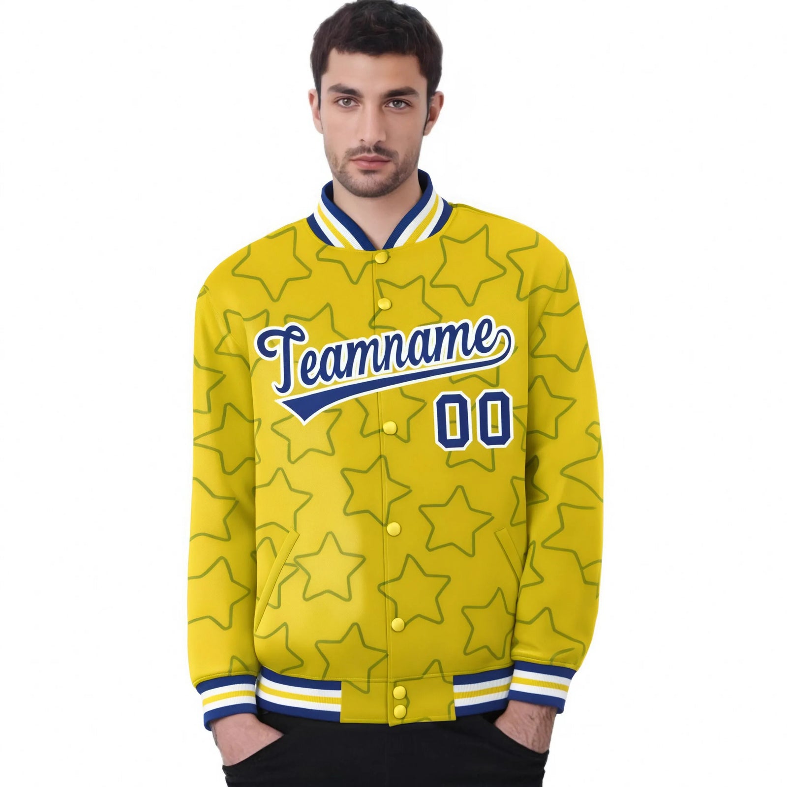Custom Gold Royal Blue-White Varsity Full-Snap Star Pattern Letterman Baseball Jacket