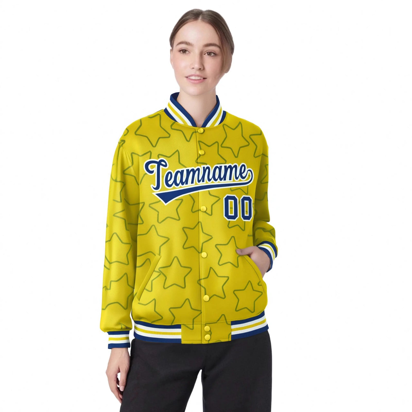 Custom Gold Royal Blue-White Varsity Full-Snap Star Pattern Letterman Baseball Jacket