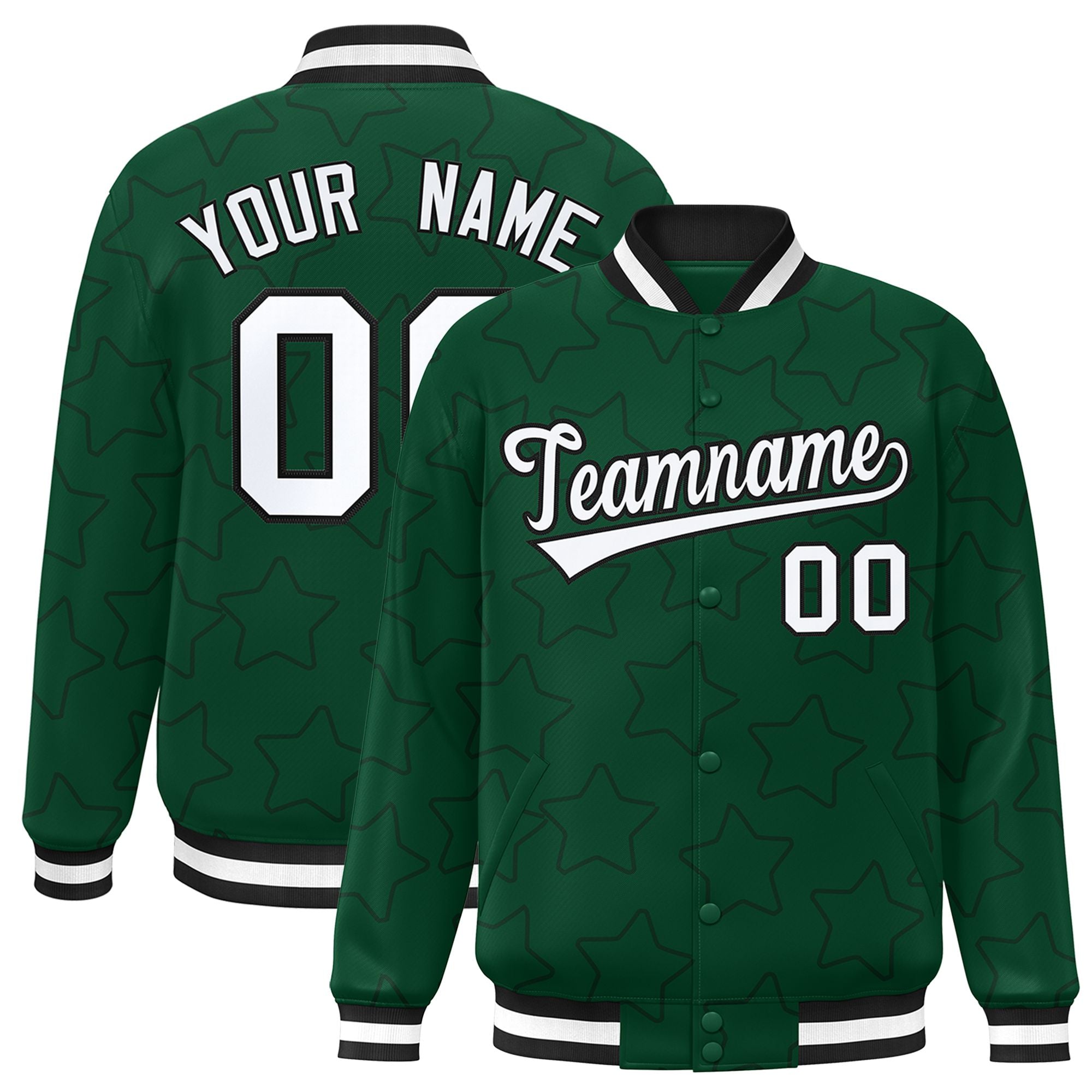 Custom Green White-Black Varsity Full-Snap Star Pattern Letterman Baseball Jacket