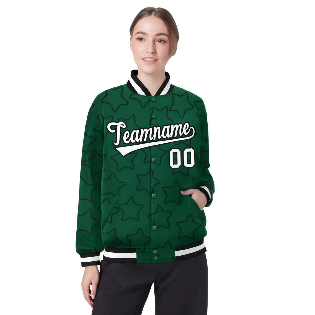 Custom Green White-Black Varsity Full-Snap Star Pattern Letterman Baseball Jacket