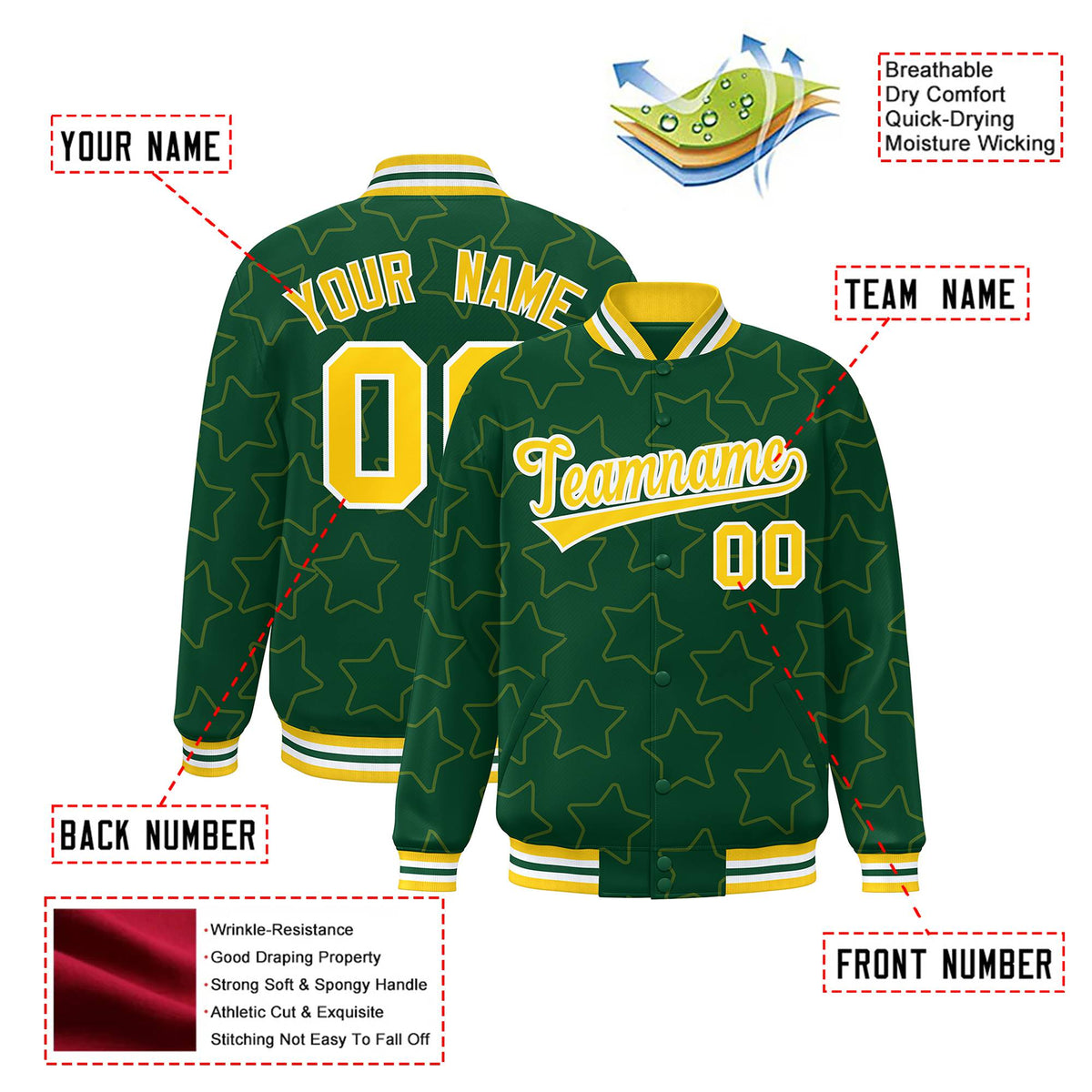 Custom Green Gold-White Varsity Full-Snap Star Pattern Letterman Baseball Jacket