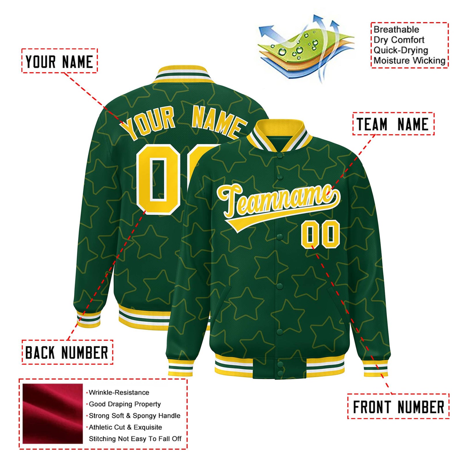 Custom Green Gold-White Varsity Full-Snap Star Pattern Letterman Baseball Jacket