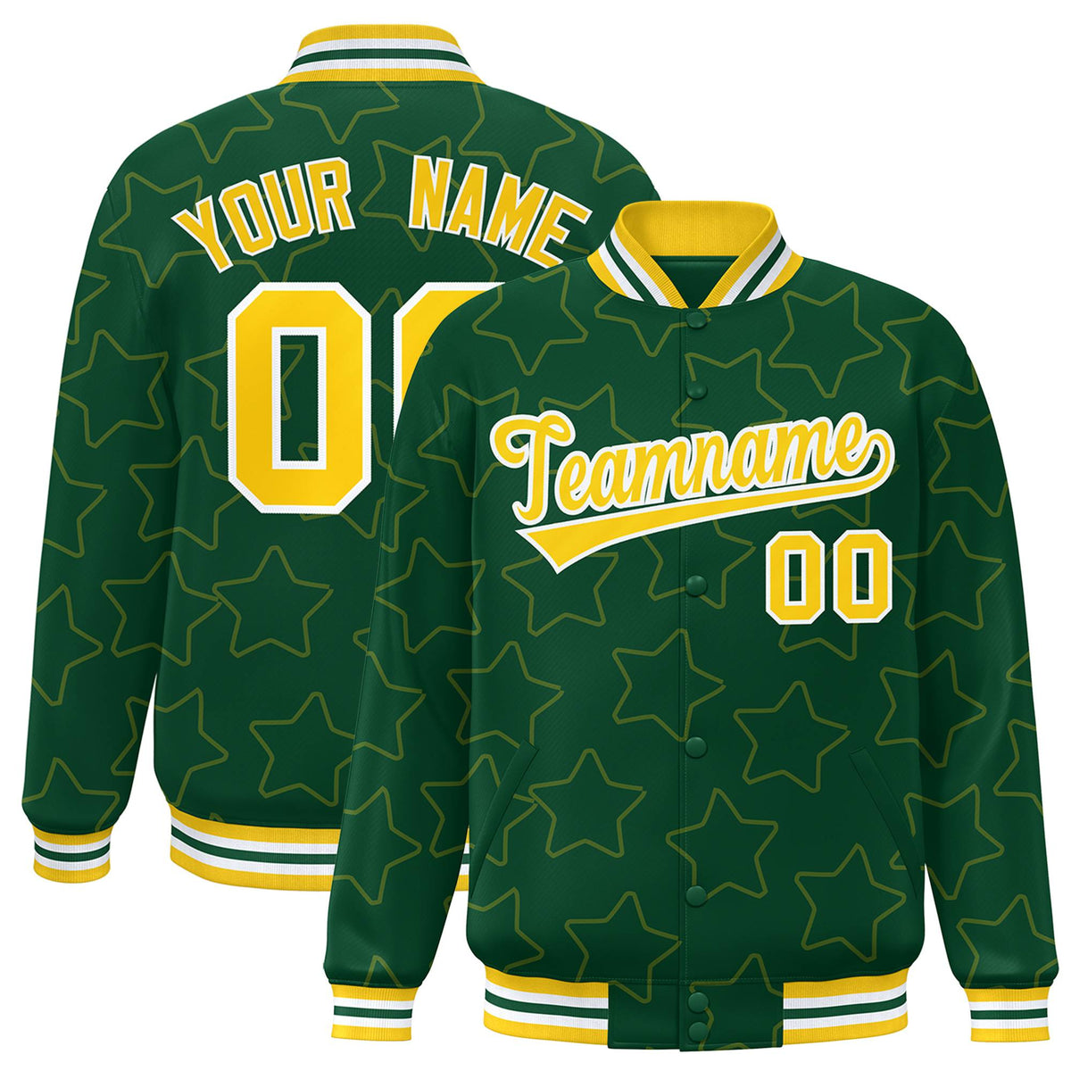 Custom Green Gold-White Varsity Full-Snap Star Pattern Letterman Baseball Jacket