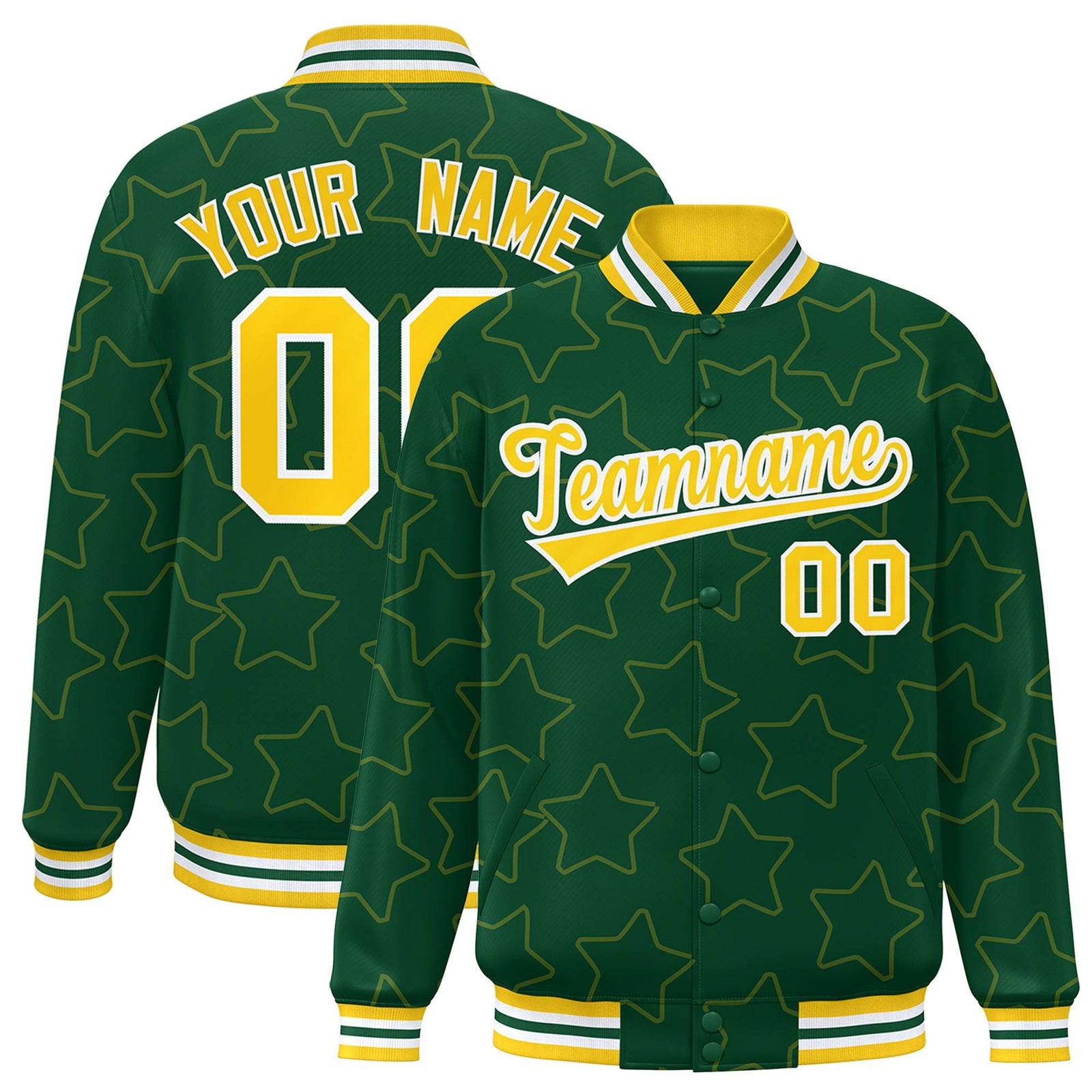 Custom Green Gold-White Varsity Full-Snap Star Pattern Letterman Baseball Jacket