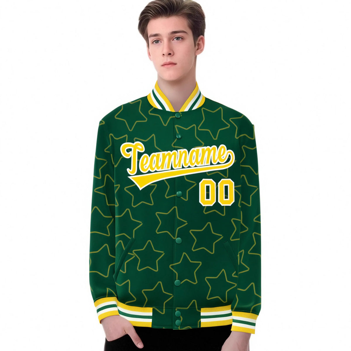 Custom Green Gold-White Varsity Full-Snap Star Pattern Letterman Baseball Jacket