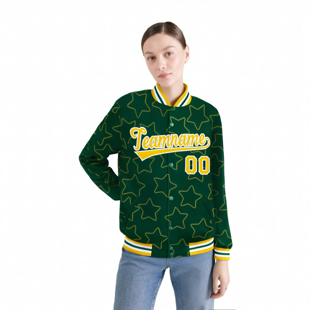 Custom Green Gold-White Varsity Full-Snap Star Pattern Letterman Baseball Jacket