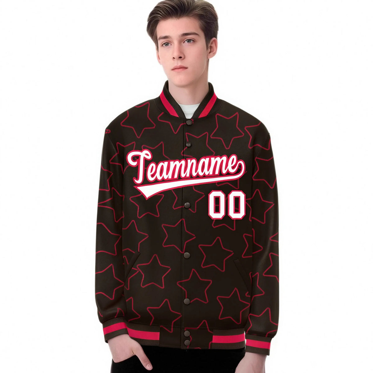 Custom Brown White-Red Varsity Full-Snap Star Pattern Letterman Baseball Jacket