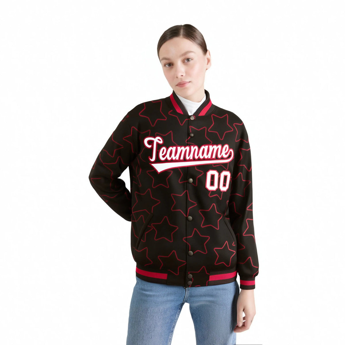 Custom Brown White-Red Varsity Full-Snap Star Pattern Letterman Baseball Jacket