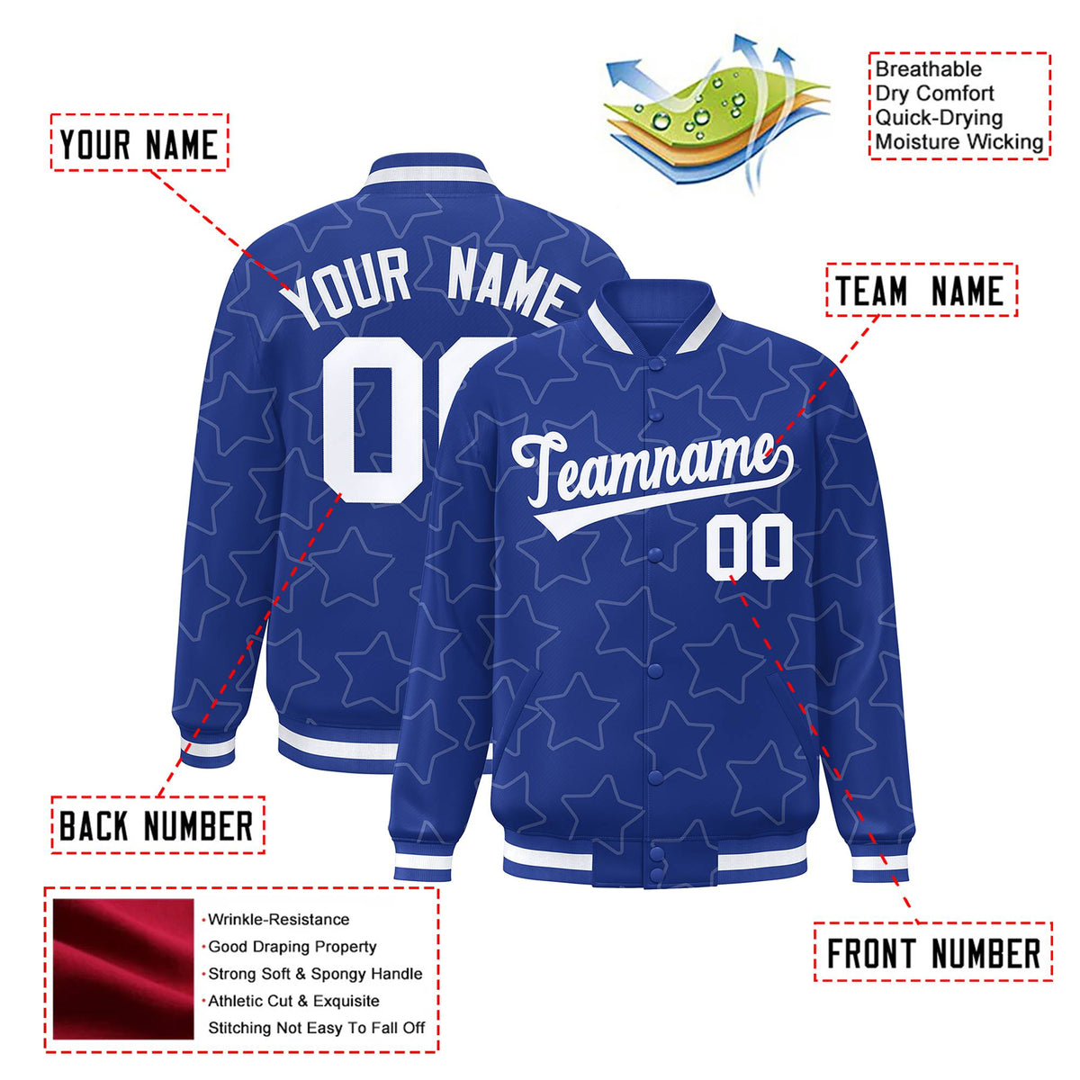 Custom Royal Blue White Varsity Full-Snap Star Pattern Letterman Baseball Jacket