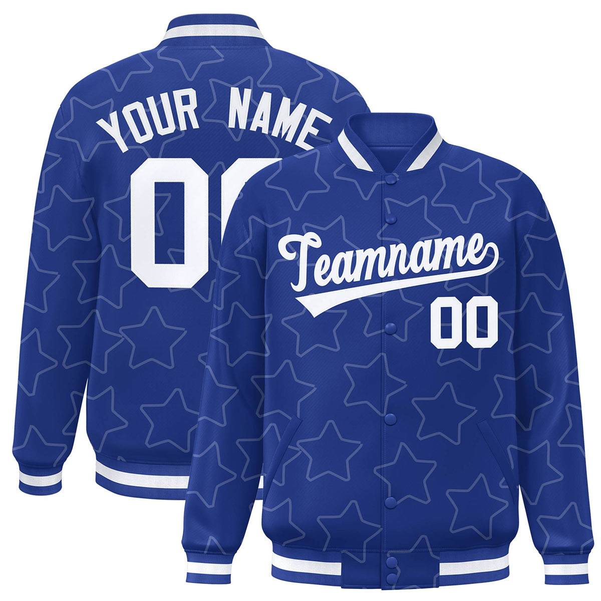 Custom Royal Blue White Varsity Full-Snap Star Pattern Letterman Baseball Jacket