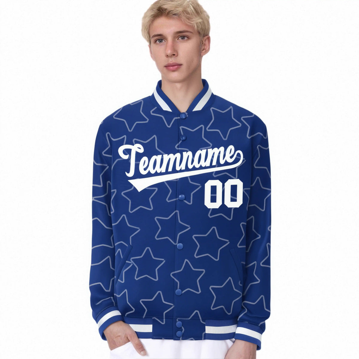 Custom Royal Blue White Varsity Full-Snap Star Pattern Letterman Baseball Jacket