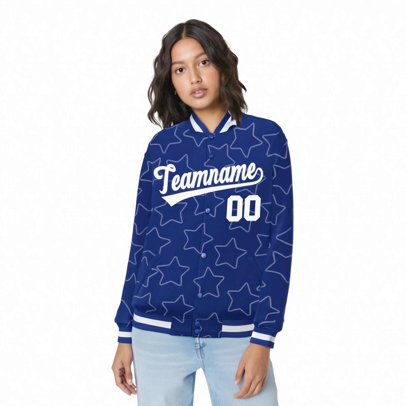 Custom Royal Blue White Varsity Full-Snap Star Pattern Letterman Baseball Jacket