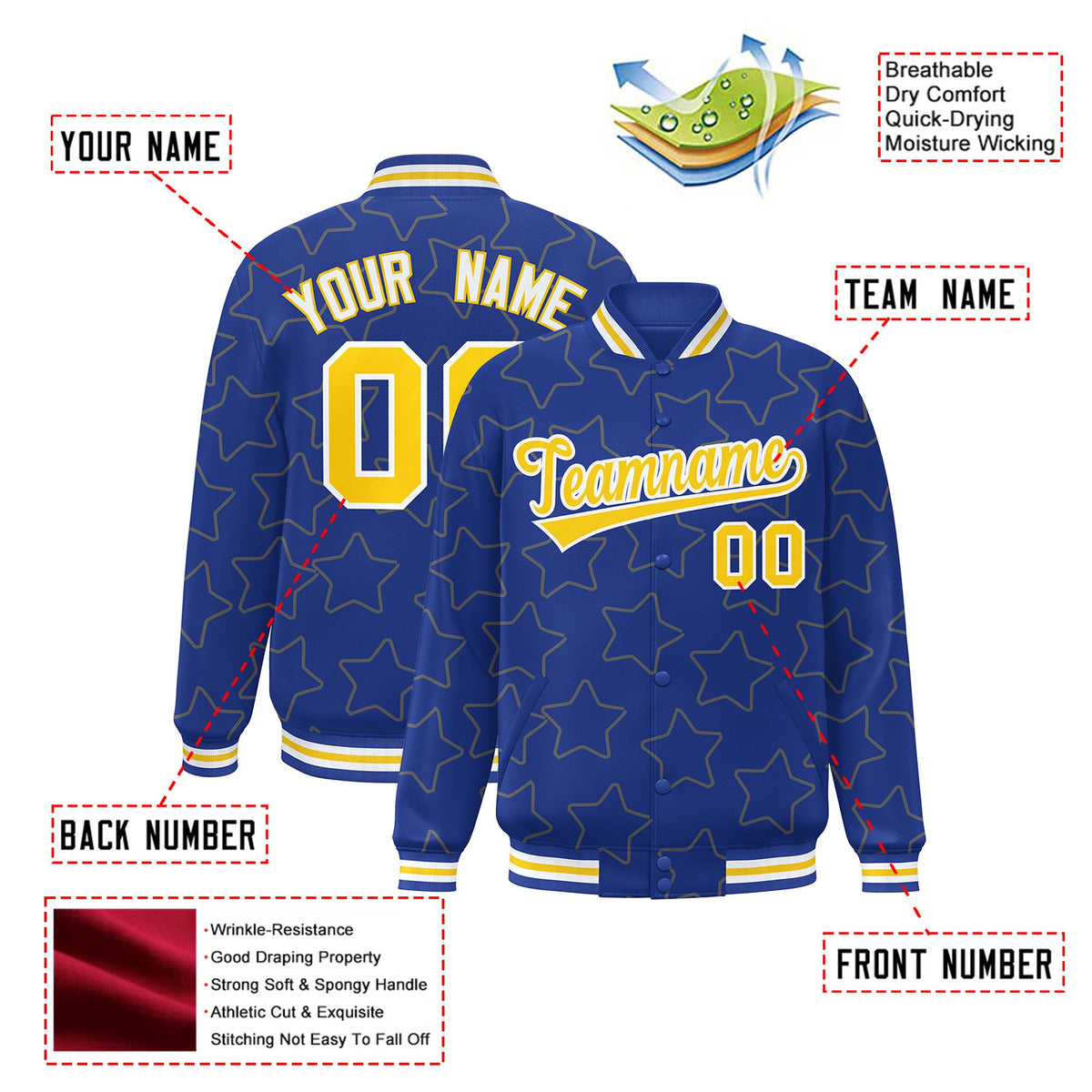 Custom Royal Blue Gold-White Varsity Full-Snap Star Pattern Letterman Baseball Jacket