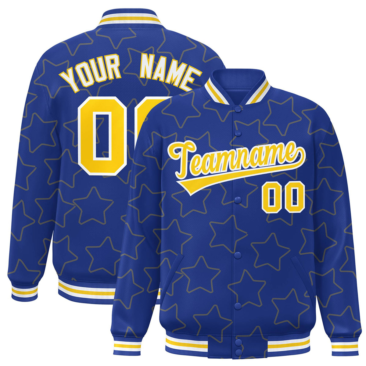 Custom Royal Blue Gold-White Varsity Full-Snap Star Pattern Letterman Baseball Jacket