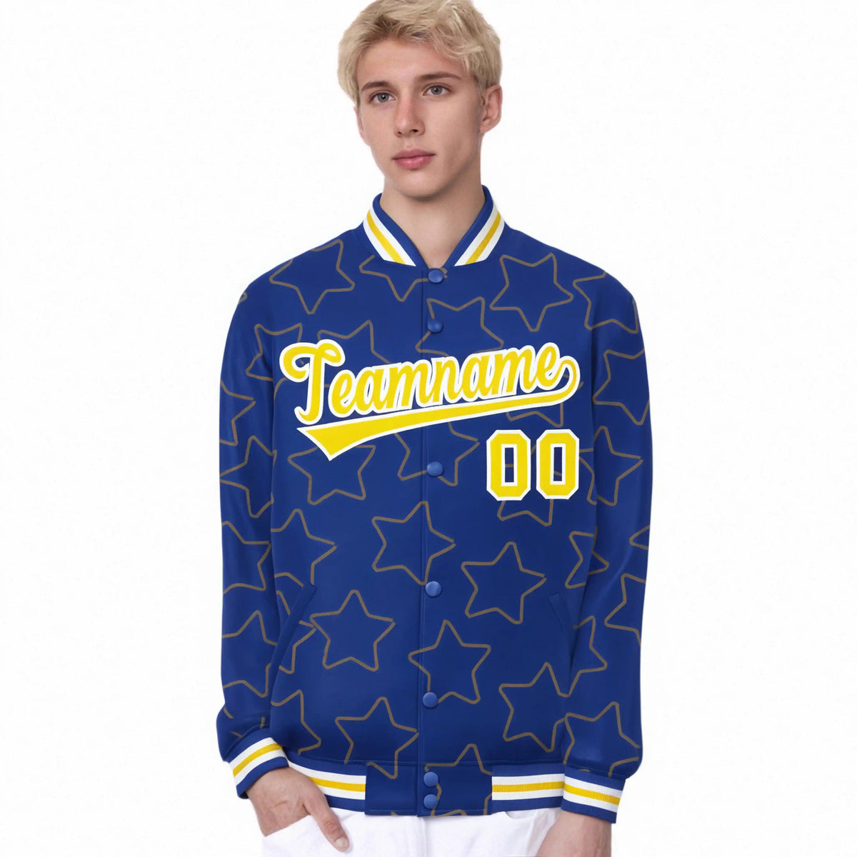 Custom Royal Blue Gold-White Varsity Full-Snap Star Pattern Letterman Baseball Jacket