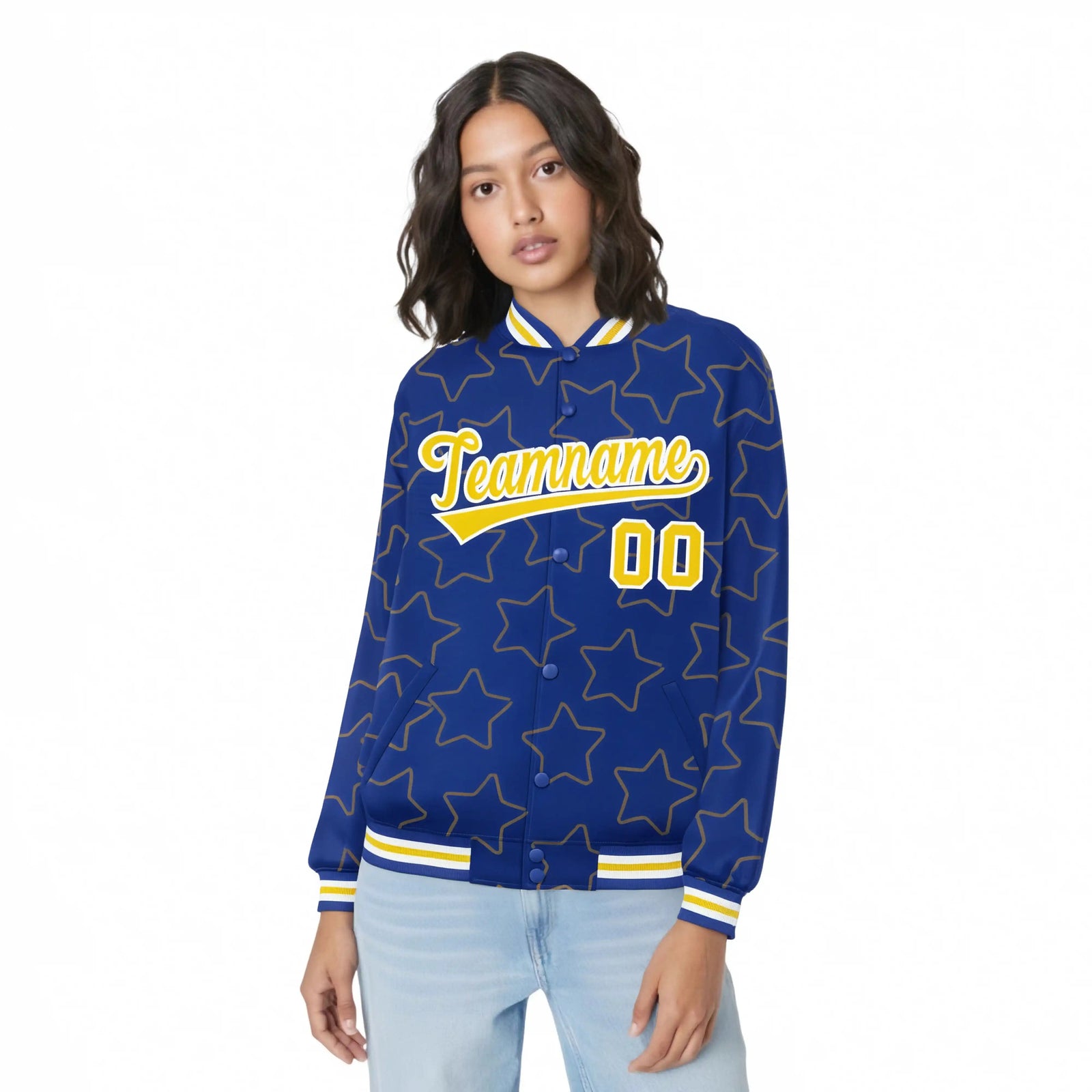Custom Royal Blue Gold-White Varsity Full-Snap Star Pattern Letterman Baseball Jacket