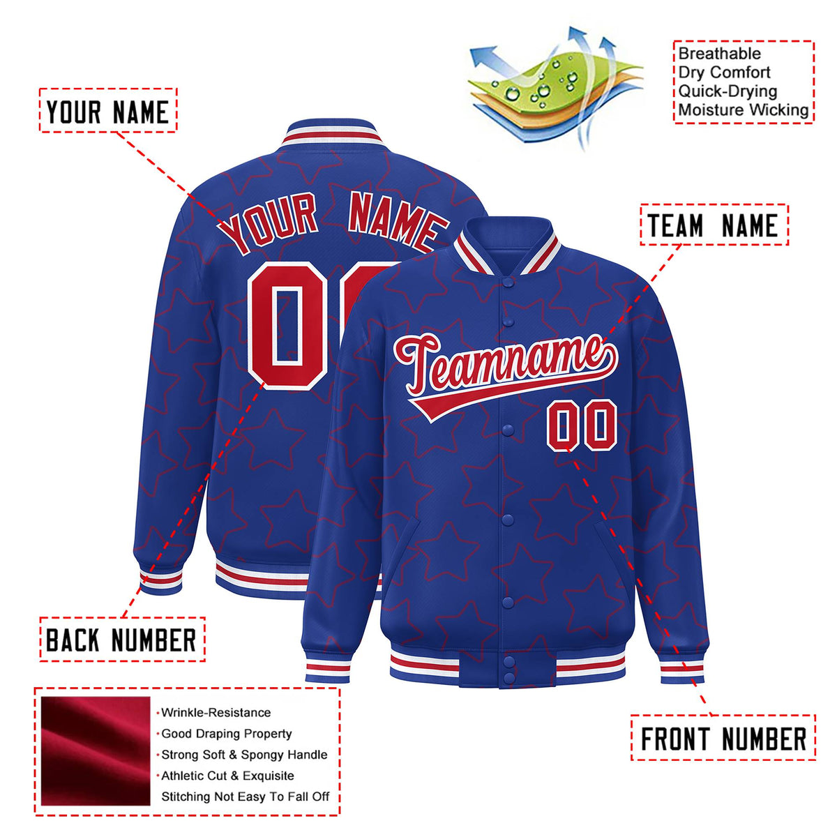 Custom Royal Blue Red-White Varsity Full-Snap Star Pattern Letterman Baseball Jacket