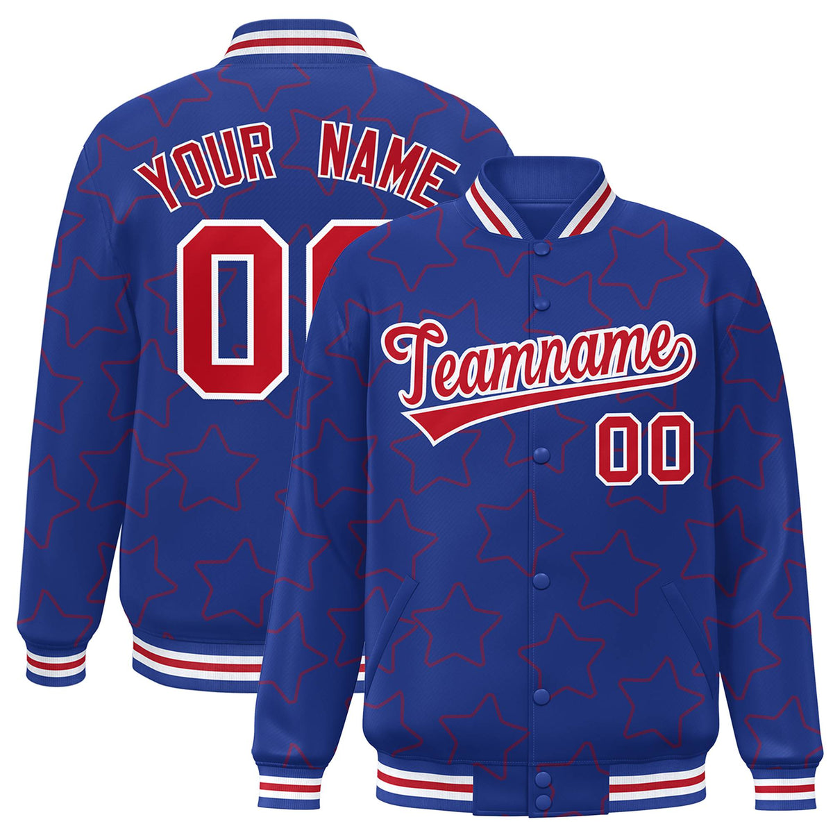 Custom Royal Blue Red-White Varsity Full-Snap Star Pattern Letterman Baseball Jacket