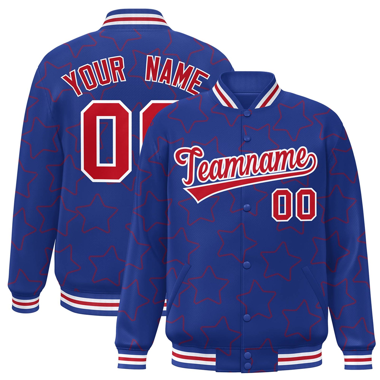 Custom Royal Blue Red-White Varsity Full-Snap Star Pattern Letterman Baseball Jacket