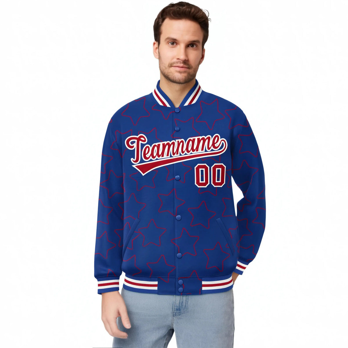 Custom Royal Blue Red-White Varsity Full-Snap Star Pattern Letterman Baseball Jacket