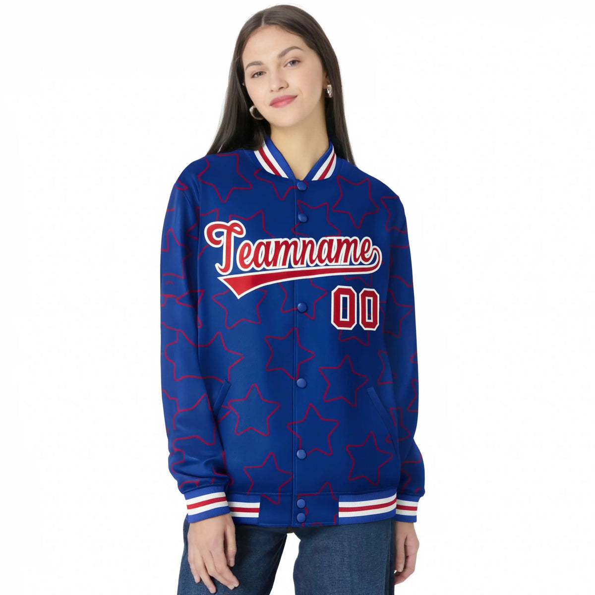 Custom Royal Blue Red-White Varsity Full-Snap Star Pattern Letterman Baseball Jacket