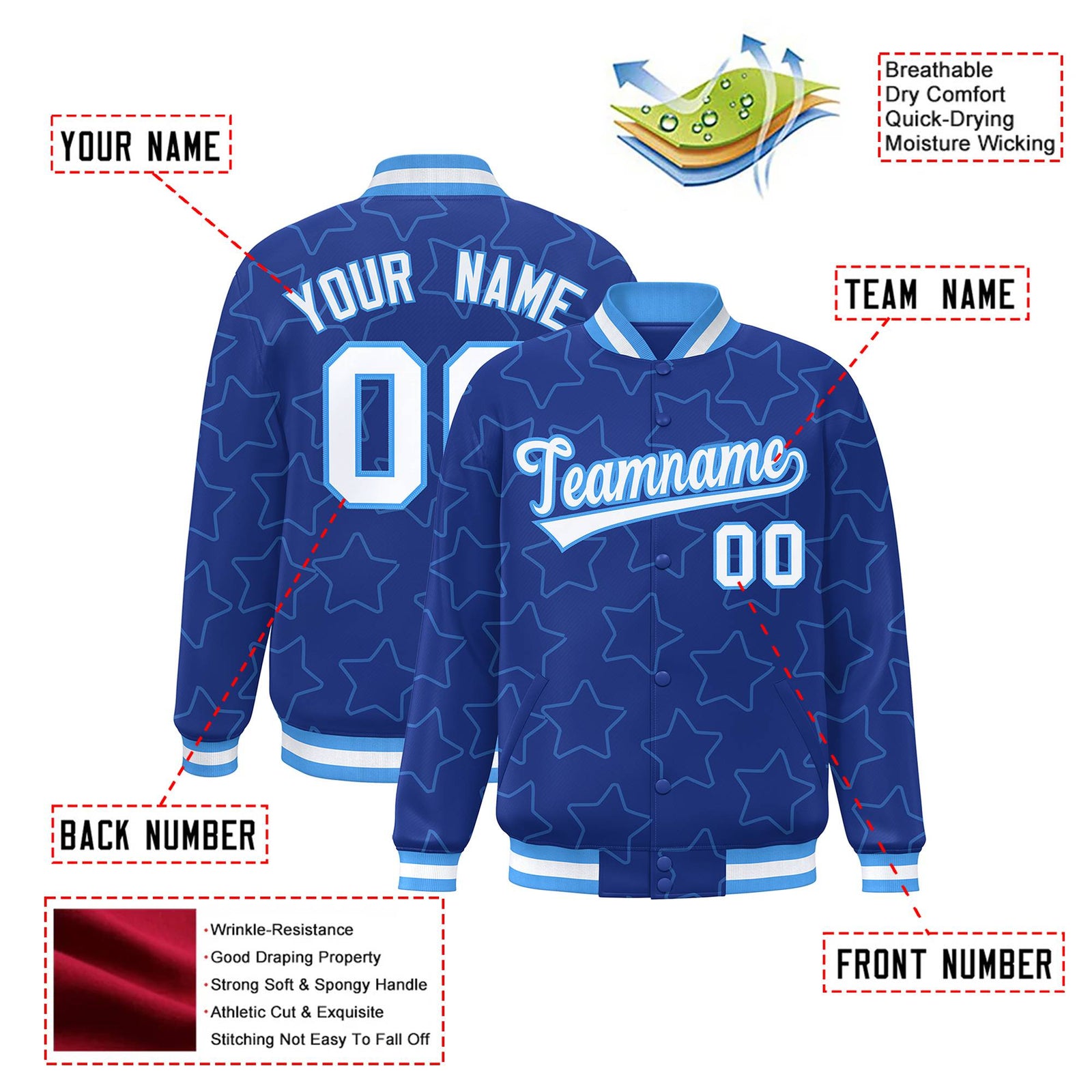 Custom Royal Blue White-Powder Blue Varsity Full-Snap Star Pattern Letterman Baseball Jacket