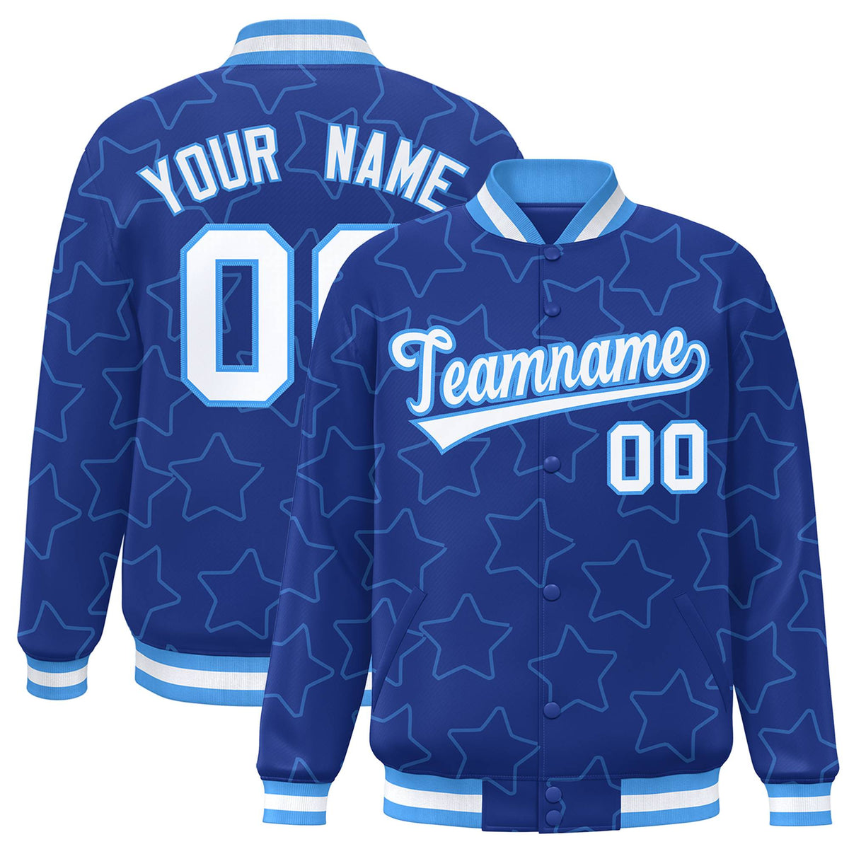 Custom Royal Blue White-Powder Blue Varsity Full-Snap Star Pattern Letterman Baseball Jacket