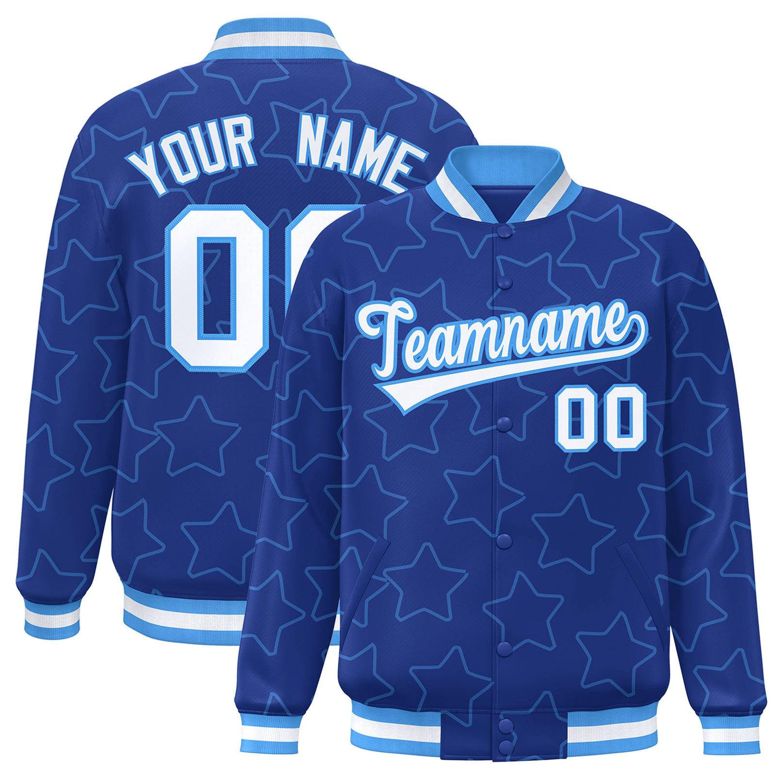 Custom Royal Blue White-Powder Blue Varsity Full-Snap Star Pattern Letterman Baseball Jacket