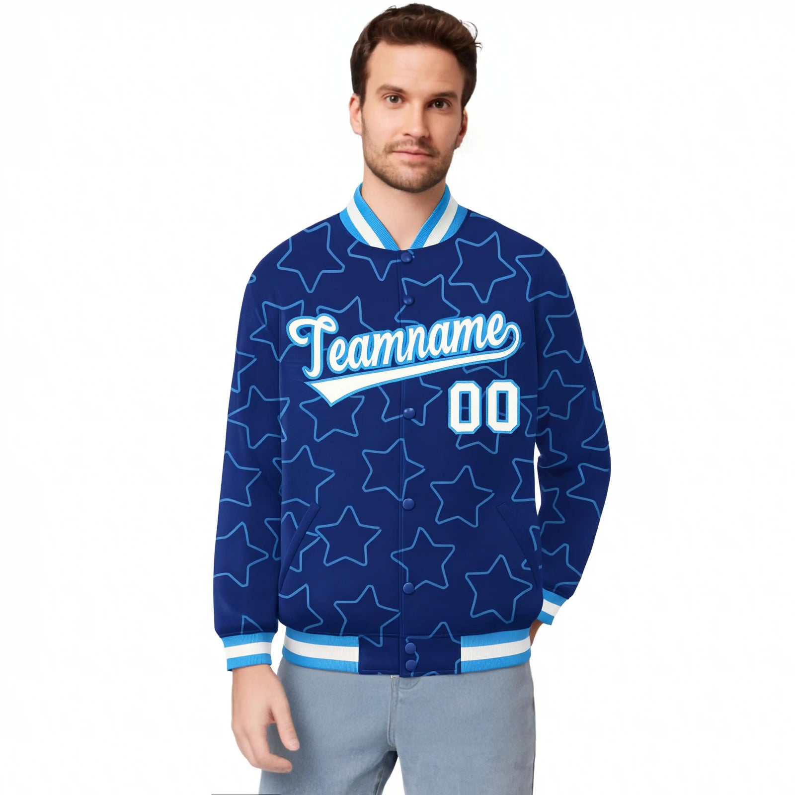Custom Royal Blue White-Powder Blue Varsity Full-Snap Star Pattern Letterman Baseball Jacket