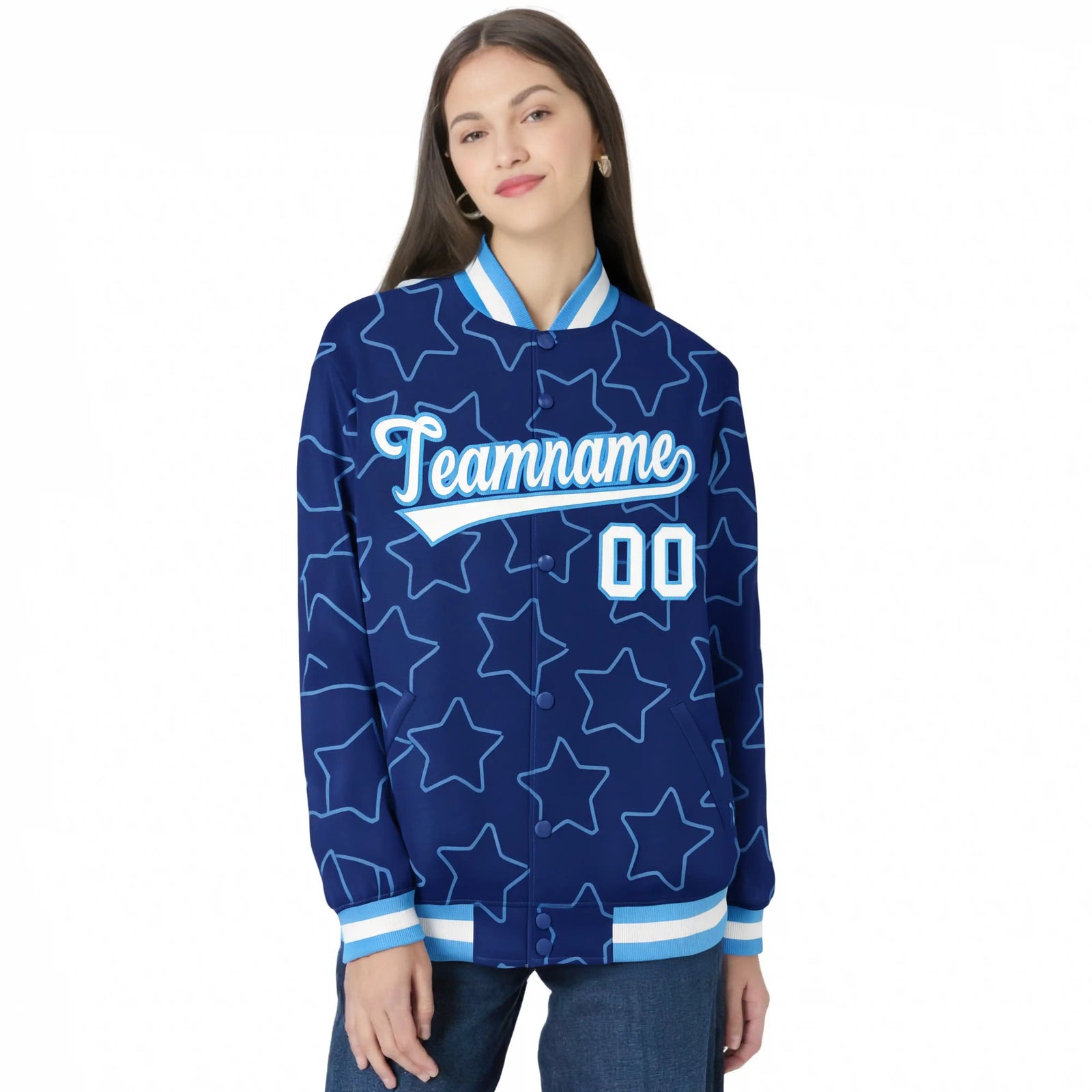 Custom Royal Blue White-Powder Blue Varsity Full-Snap Star Pattern Letterman Baseball Jacket