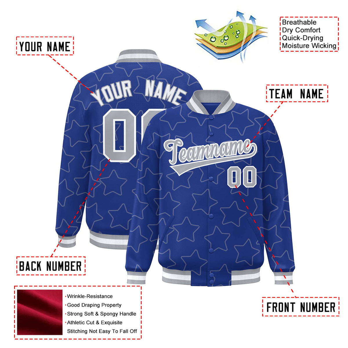 Custom Royal Blue Gray-White Varsity Full-Snap Star Pattern Letterman Baseball Jacket