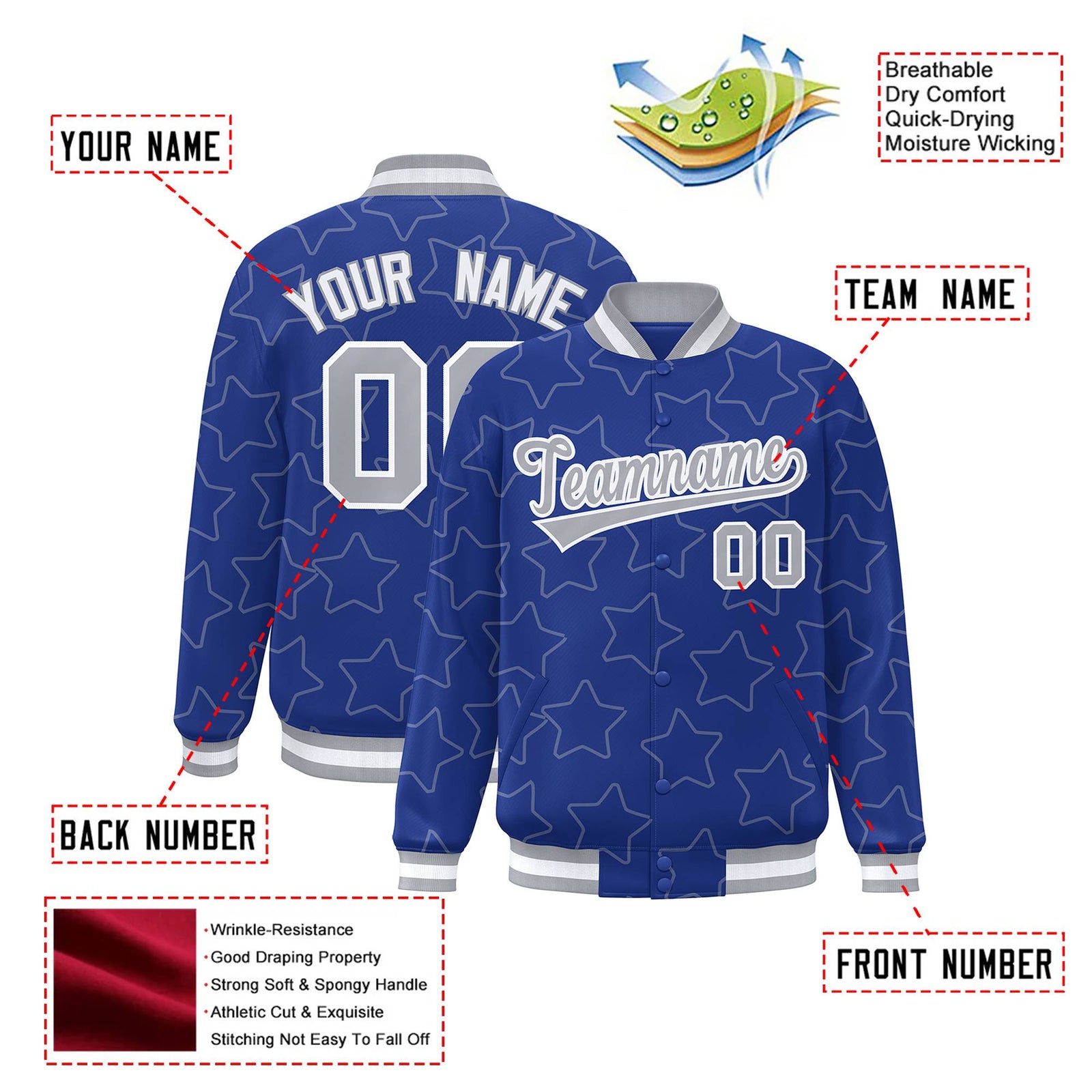 Custom Royal Blue Gray-White Varsity Full-Snap Star Pattern Letterman Baseball Jacket