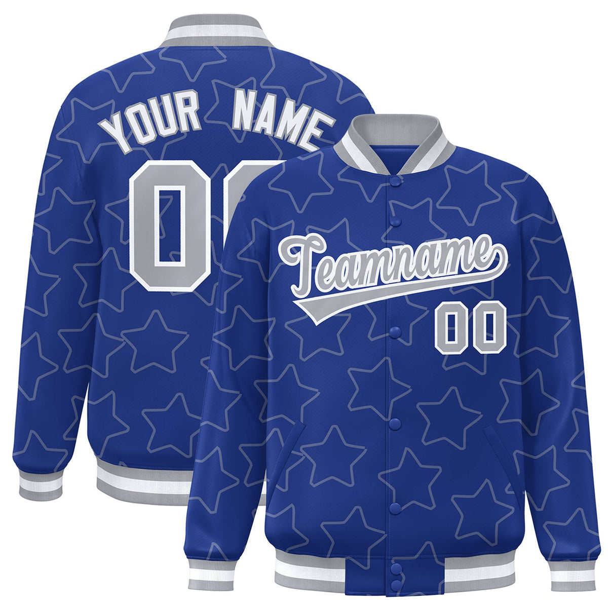 Custom Royal Blue Gray-White Varsity Full-Snap Star Pattern Letterman Baseball Jacket