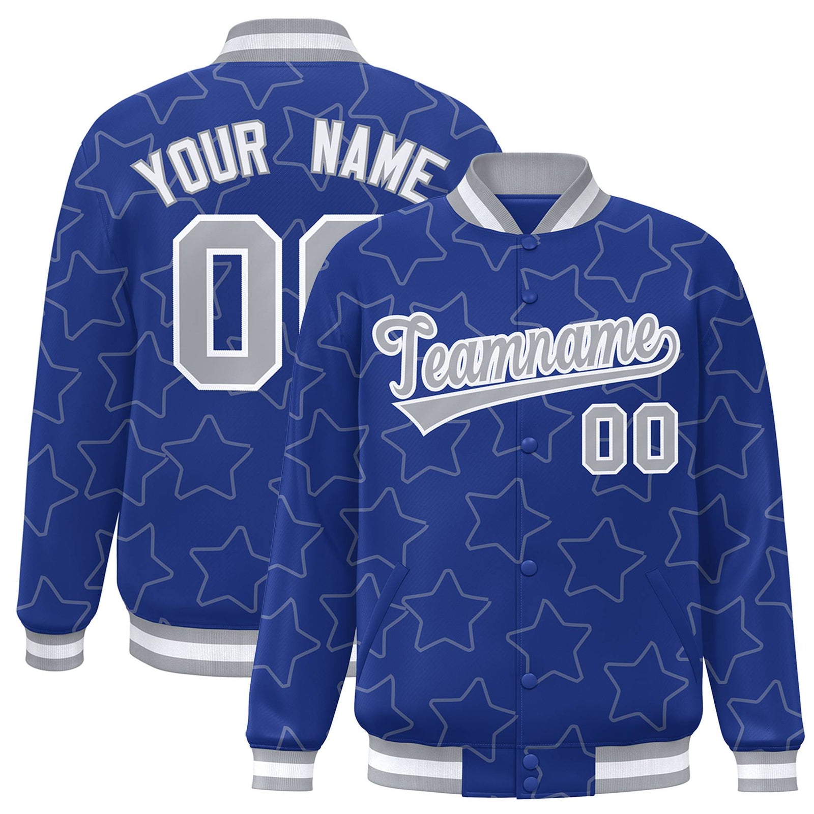 Custom Royal Blue Gray-White Varsity Full-Snap Star Pattern Letterman Baseball Jacket