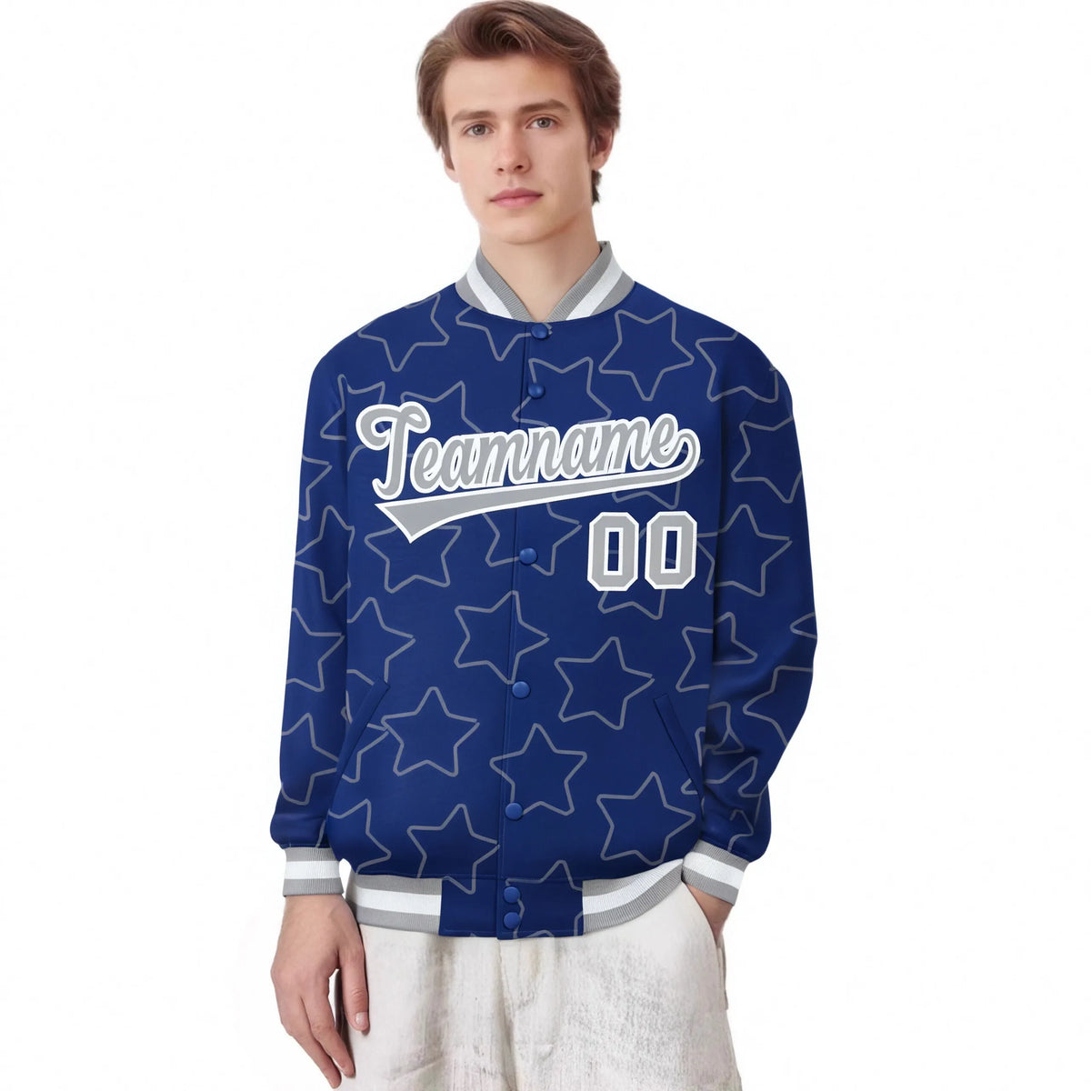 Custom Royal Blue Gray-White Varsity Full-Snap Star Pattern Letterman Baseball Jacket