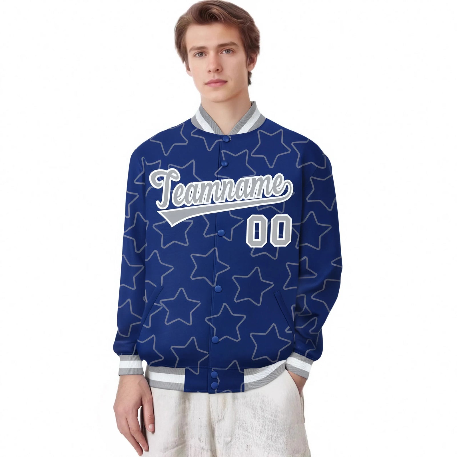 Custom Royal Blue Gray-White Varsity Full-Snap Star Pattern Letterman Baseball Jacket