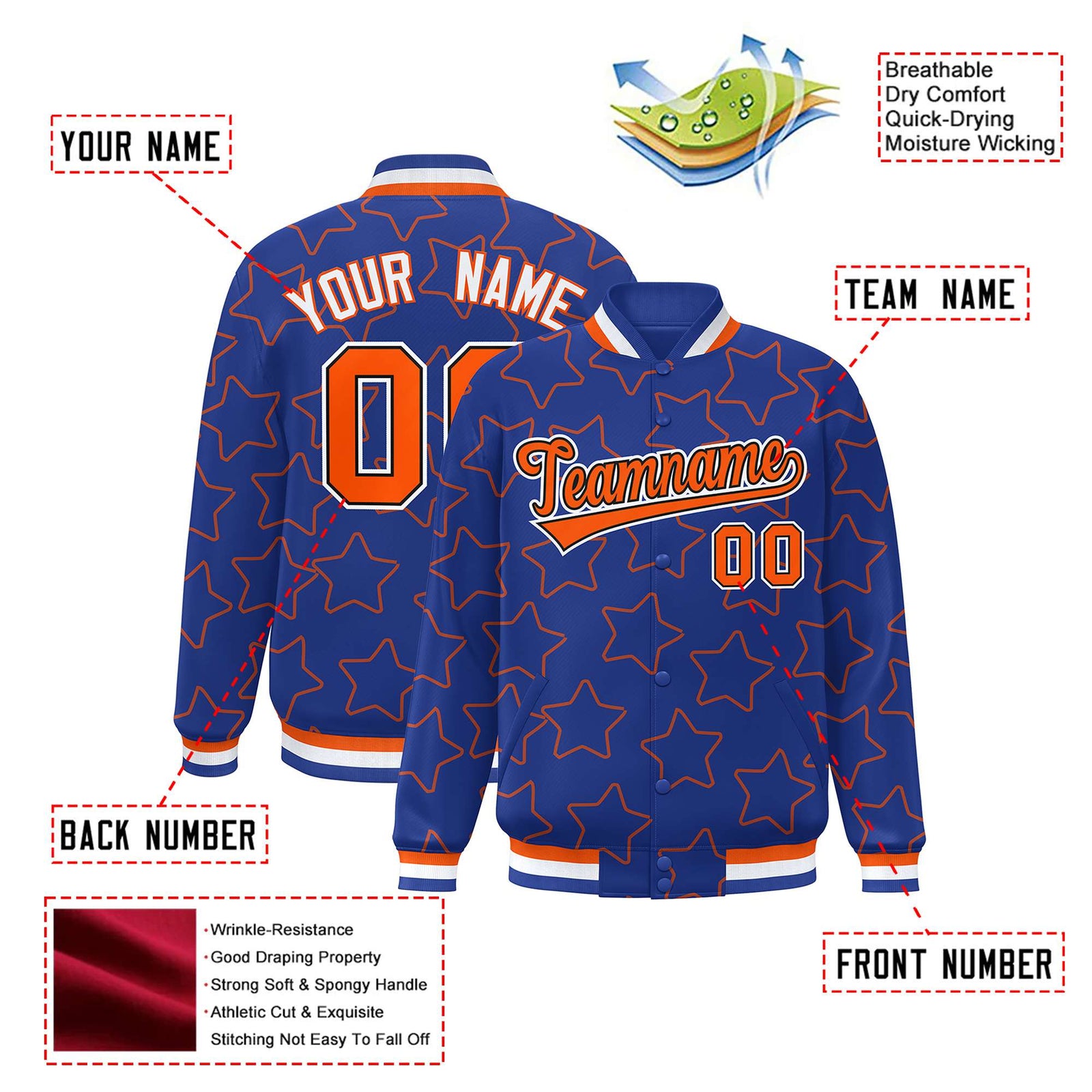 Custom Royal Blue Orange Varsity Full-Snap Star Pattern Letterman Baseball Jacket