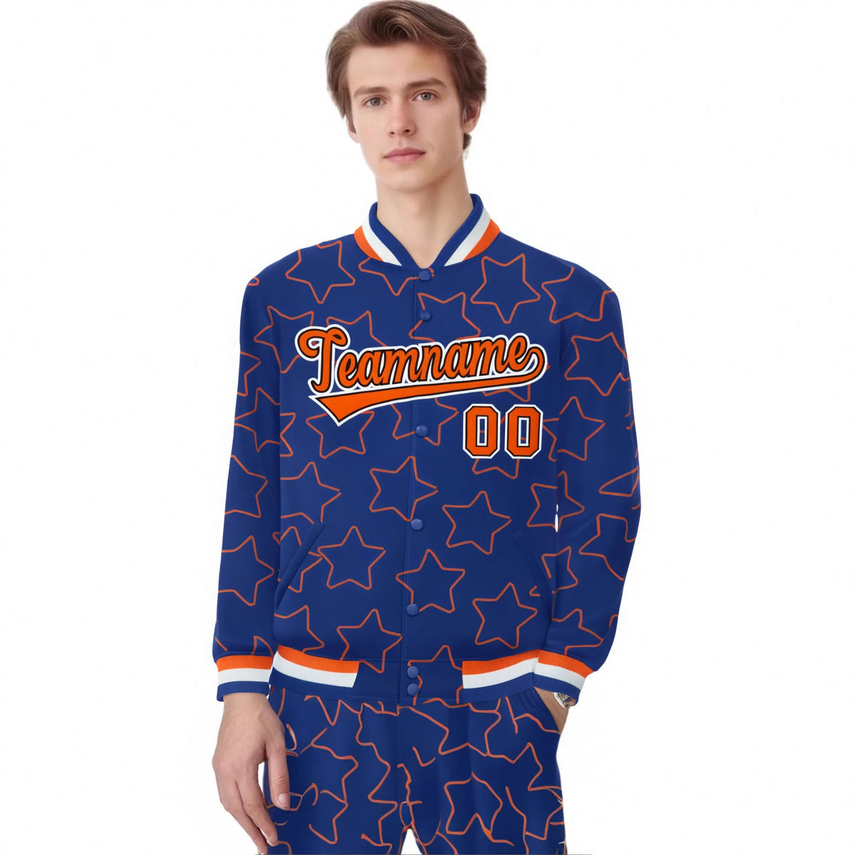 Custom Royal Blue Orange Varsity Full-Snap Star Pattern Letterman Baseball Jacket