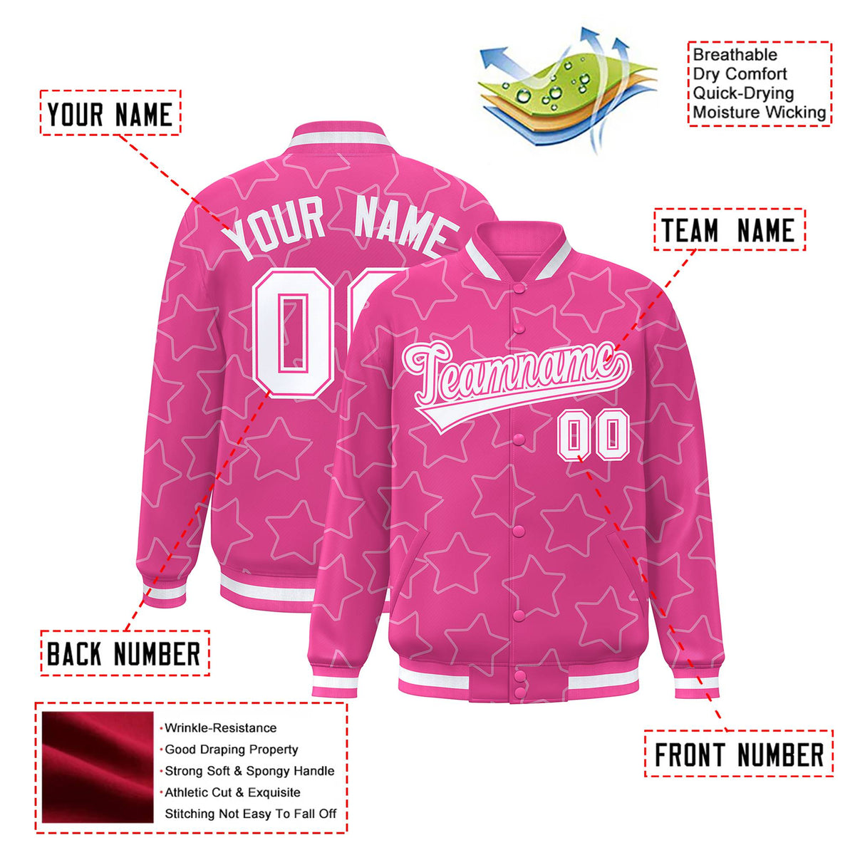 Custom Pink White Varsity Full-Snap Star Pattern Letterman Baseball Jacket