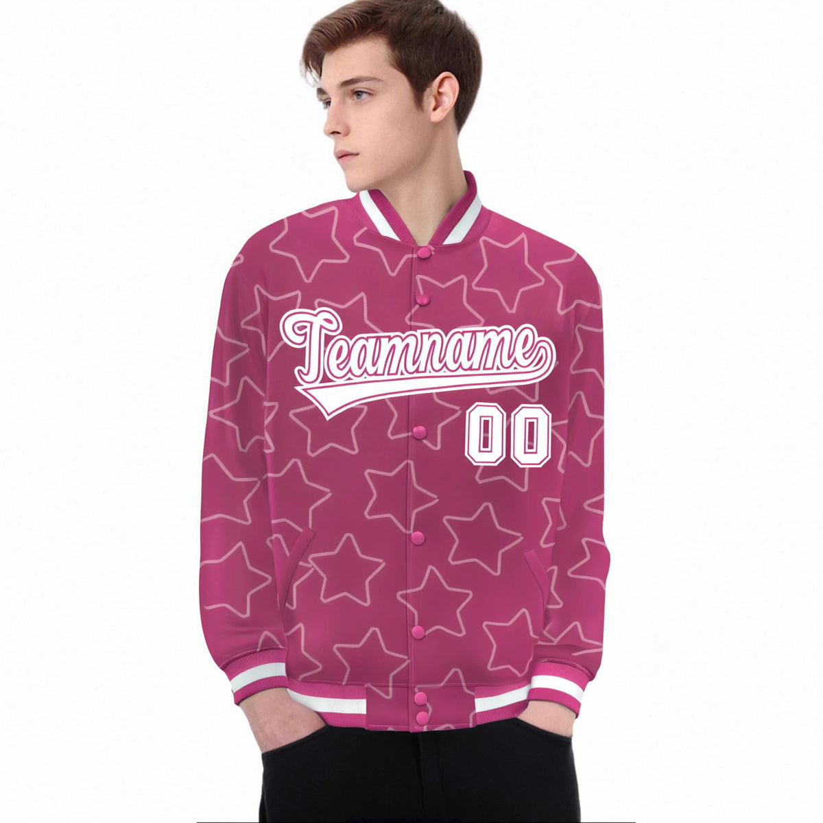 Custom Pink White Varsity Full-Snap Star Pattern Letterman Baseball Jacket