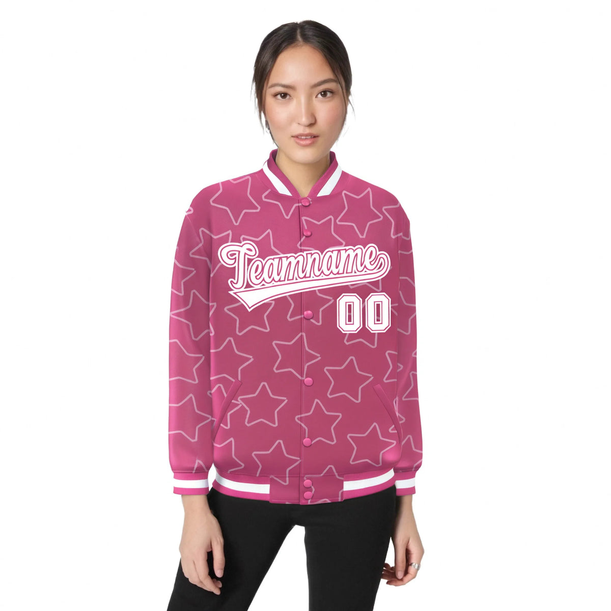 Custom Pink White Varsity Full-Snap Star Pattern Letterman Baseball Jacket